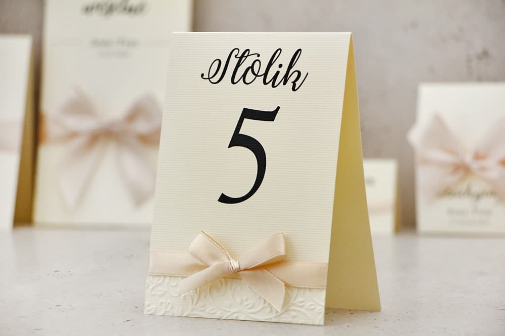 Elegant Wedding Table Numbers with Bow, Free-standing, Laid Paper | Wedding Table Decor | Belisa No. 5