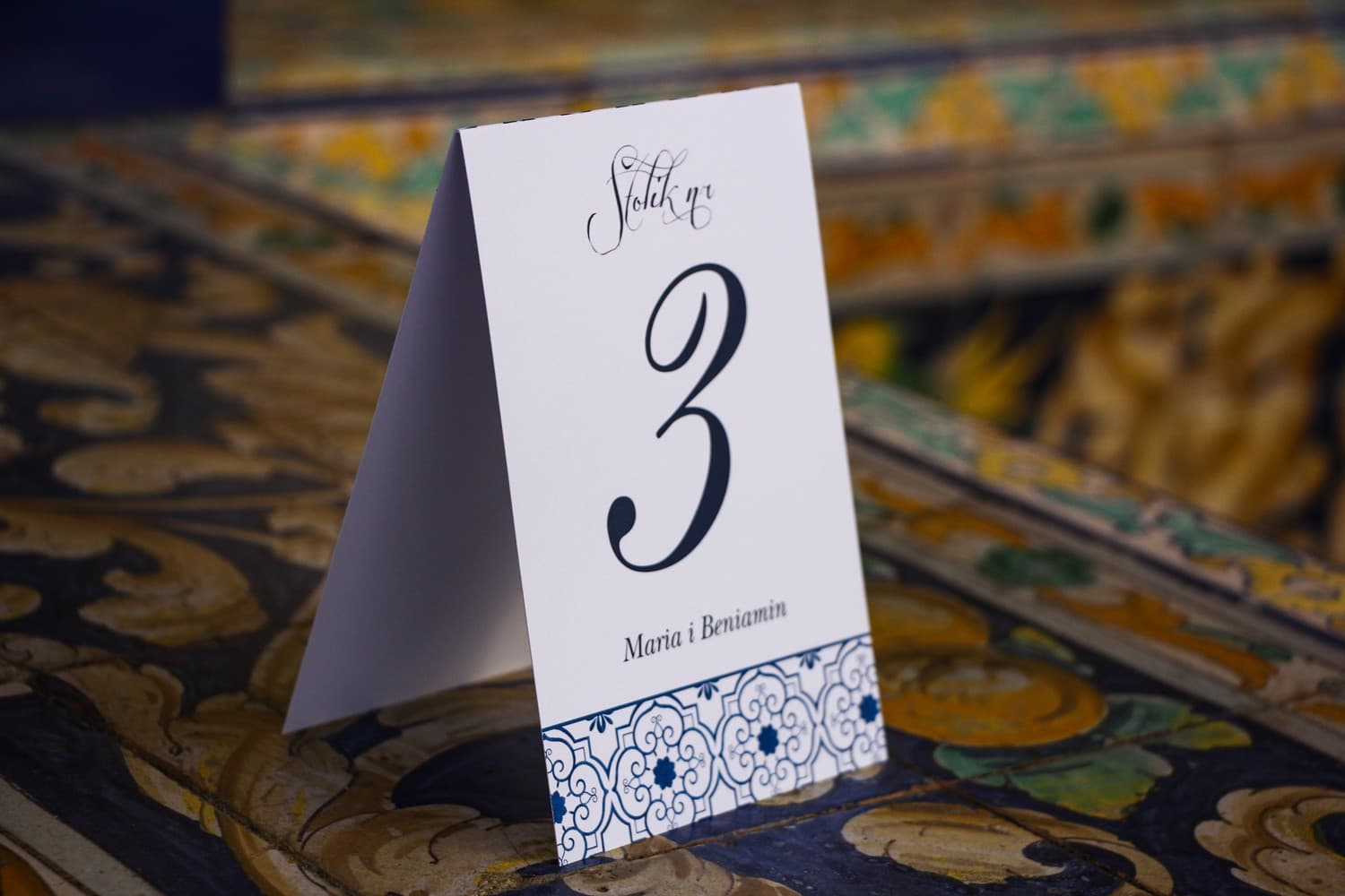 Blue Rustic Table Numbers | Freestanding Wedding Table Numbering with Spanish Pattern | Indygo No. 1