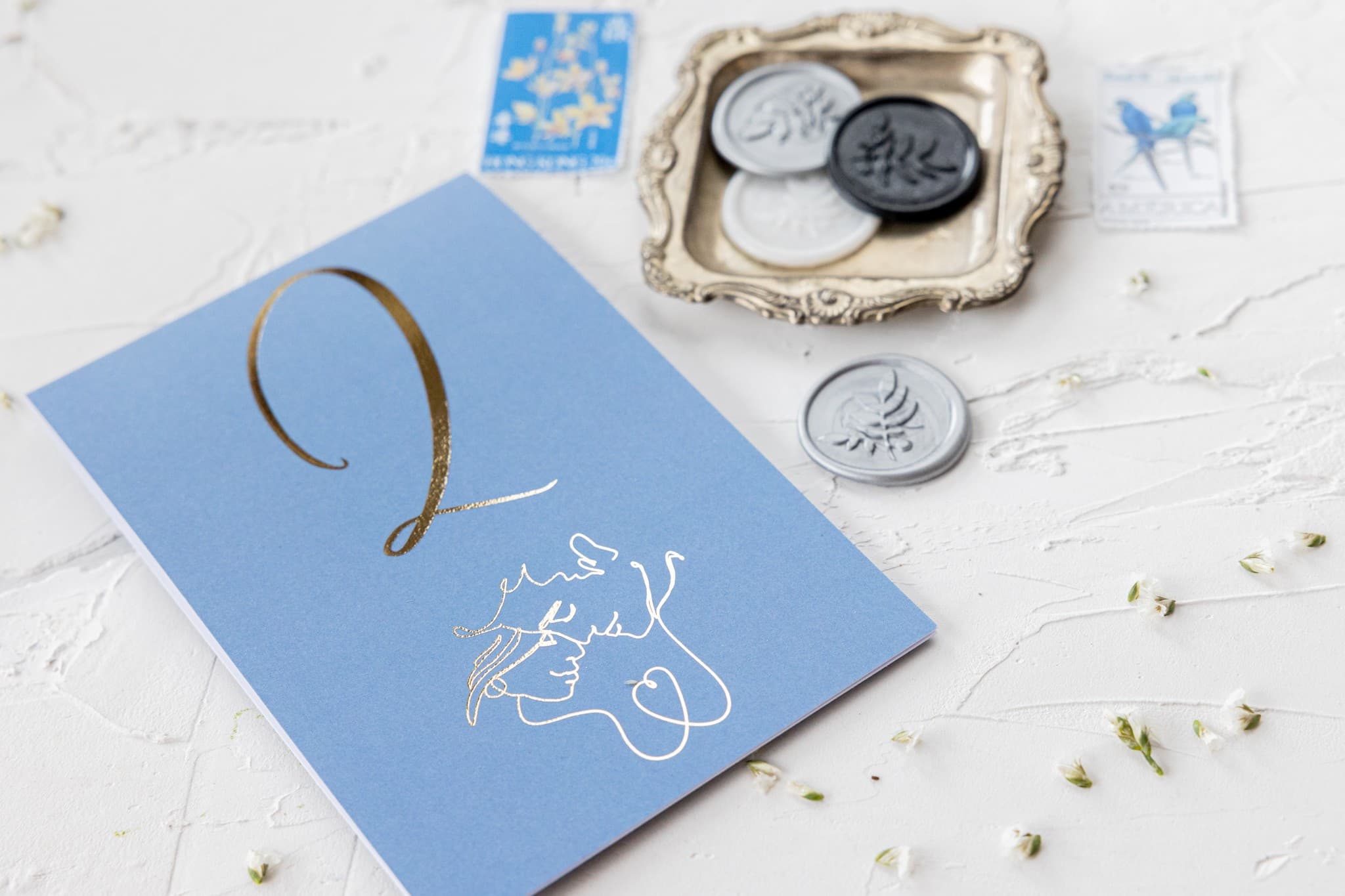 Elegant Gilded Wedding Table Numbers, Dusty Blue | Standing Wedding Table Numbers | Jaspis No. 4