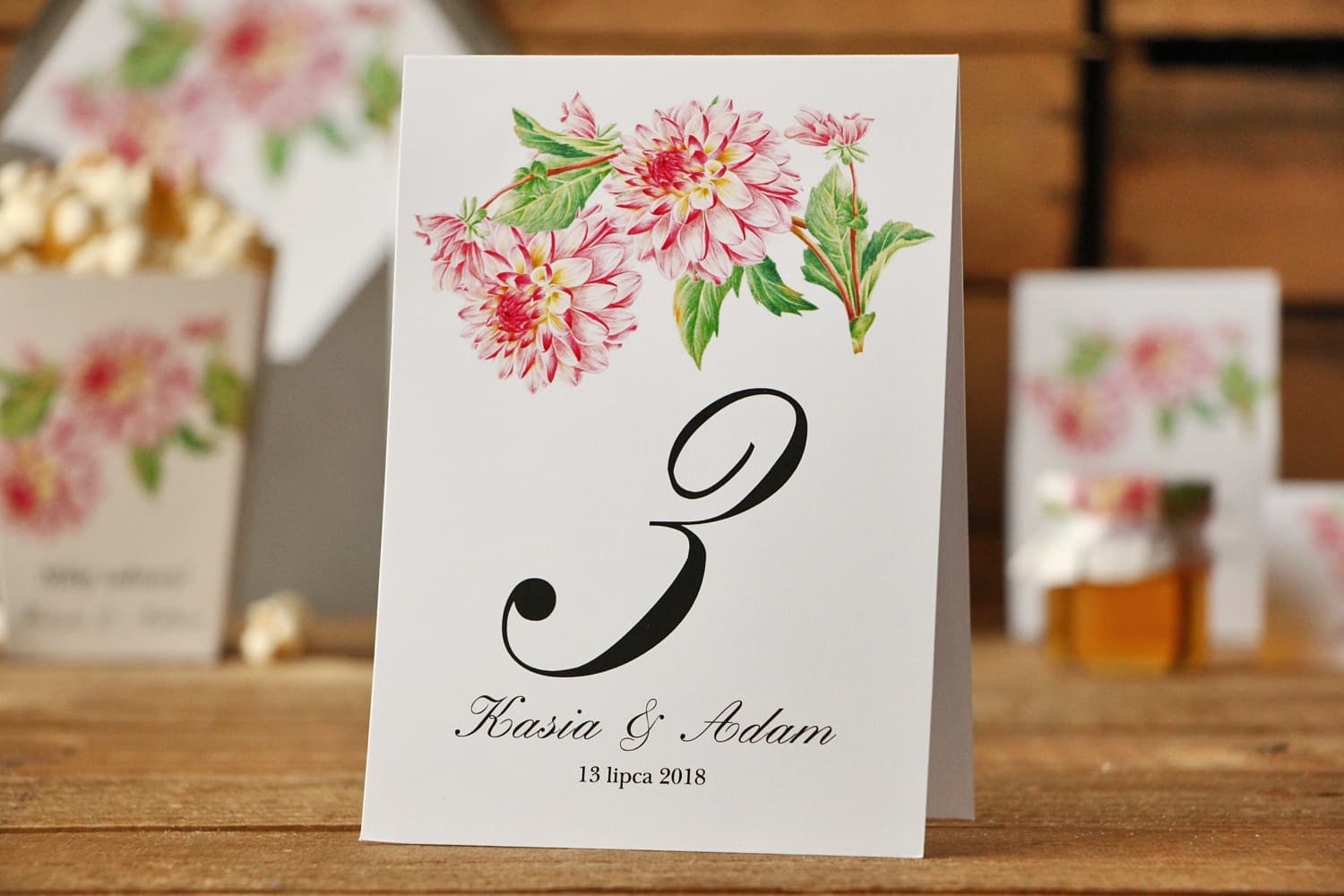 Wedding Table Numbers with Pink Dahlias, Freestanding | Floral Table Numbers | Kalia No. 4
