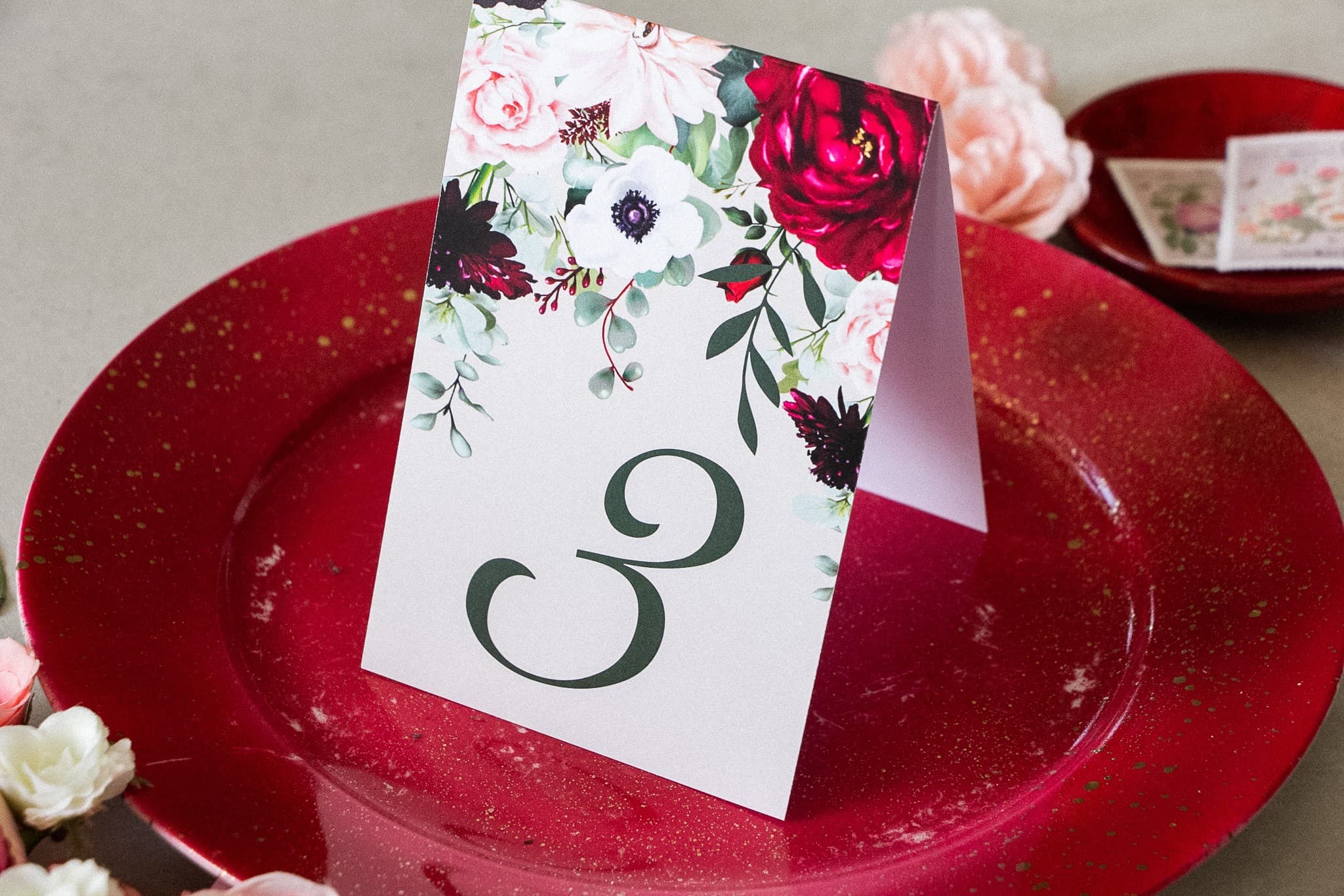 Elegant Wedding Table Numbers with Dahlias and Anemones | Freestanding Table Number Cards | Korani No. 4