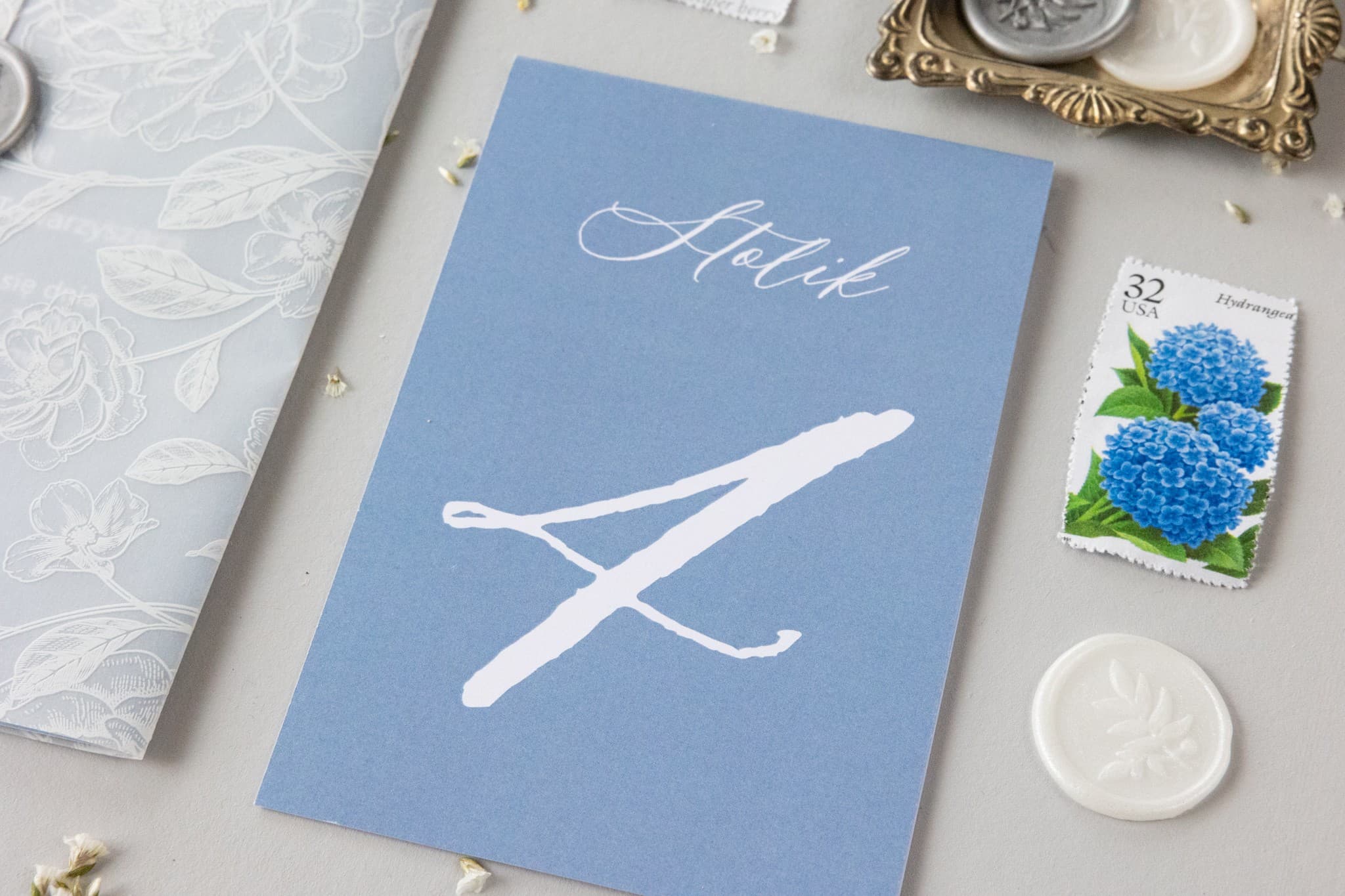 Blue Folded A6 Table Numbers with Light Blue Motif | Elegant Wedding Table Numbering | Nefryt Design 2