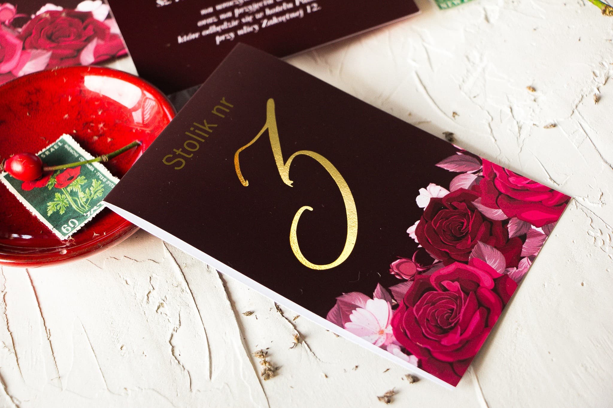 Gold Foiled Table Numbers with Burgundy Flowers | Elegant Wedding Table Numbers | Serenity No. 2