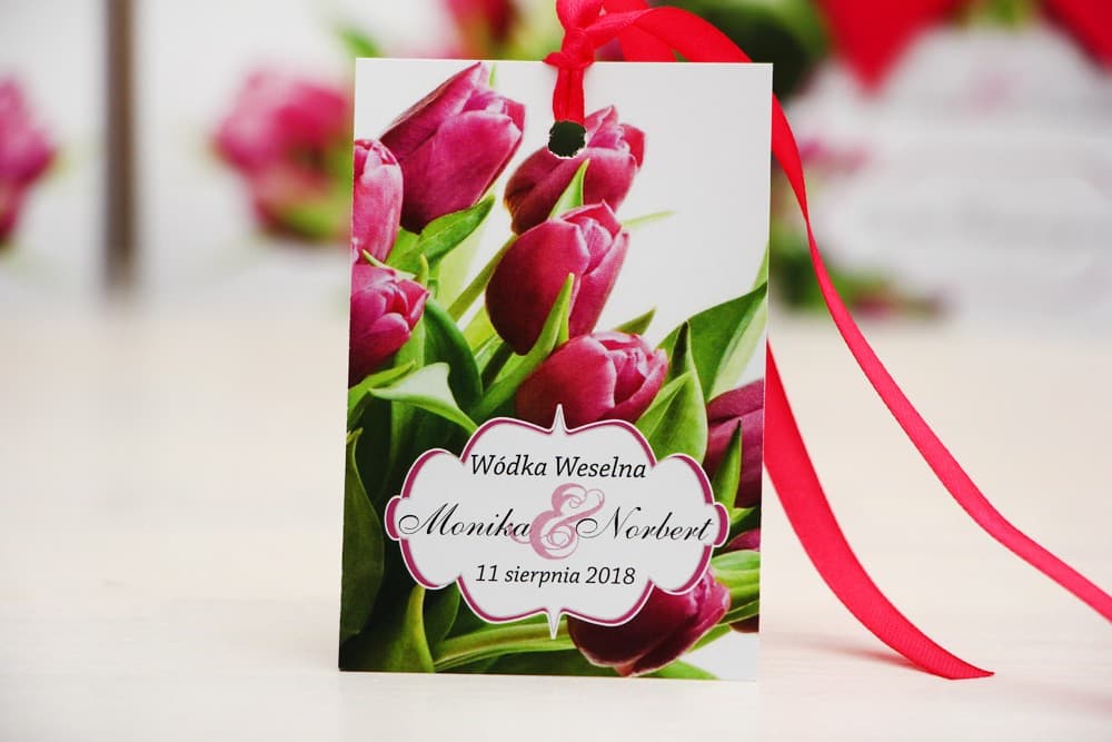 Personalized Wedding Vodka Tags with Pink Tulips | Floral Alcohol Tags | Felicja No. 7