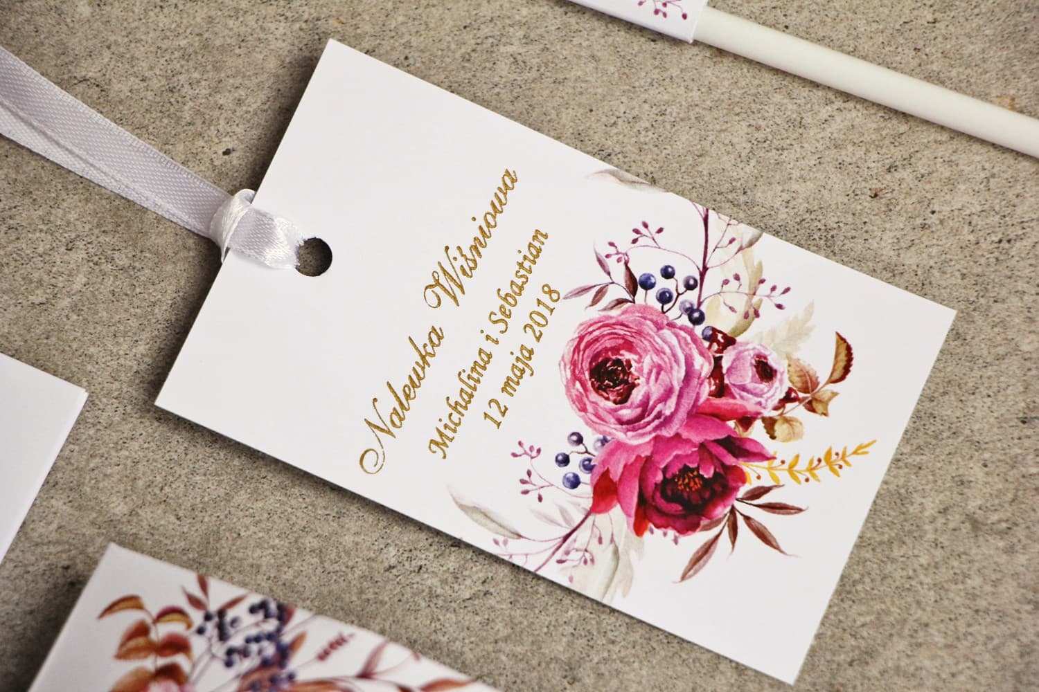 Gold Foiled Wedding Alcohol Tags Fuchsia Peonies | Wedding Bottle Labels | Sorento No. 3