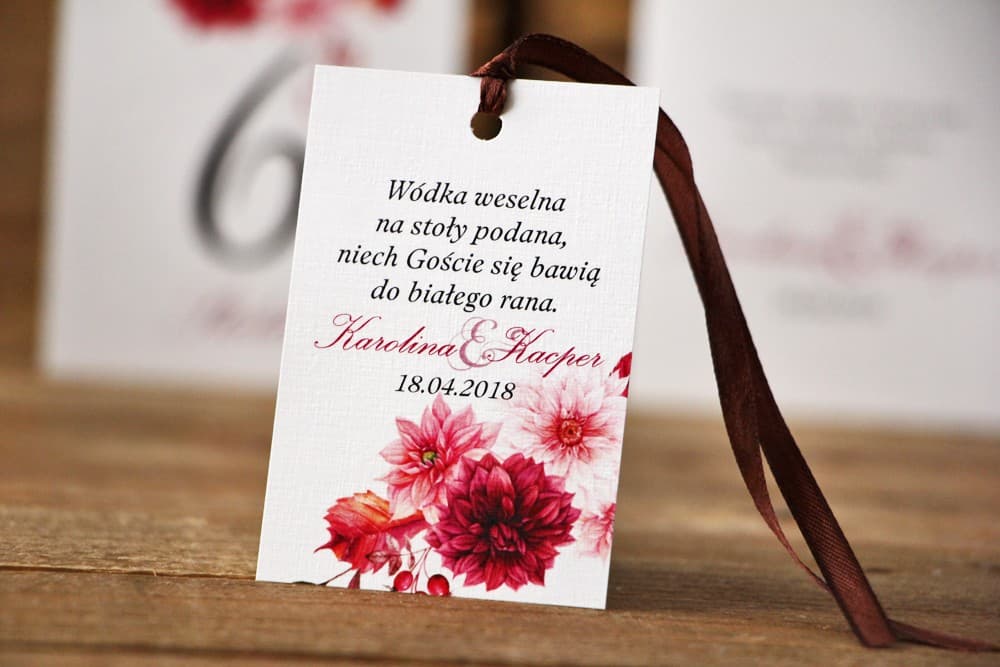 Watercolor Wedding Vodka Tags with Burgundy Dahlia | Personalized Alcohol Labels | Watercolors No. 2