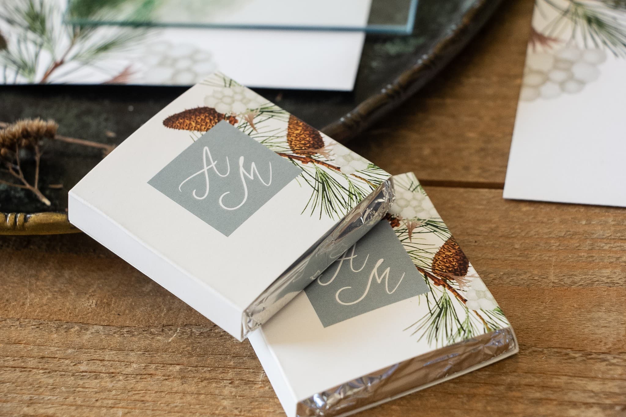 Winter Theme Wedding Chocolates with Evergreens and Cotton | Sweet Wedding Favours | Korani No. 8