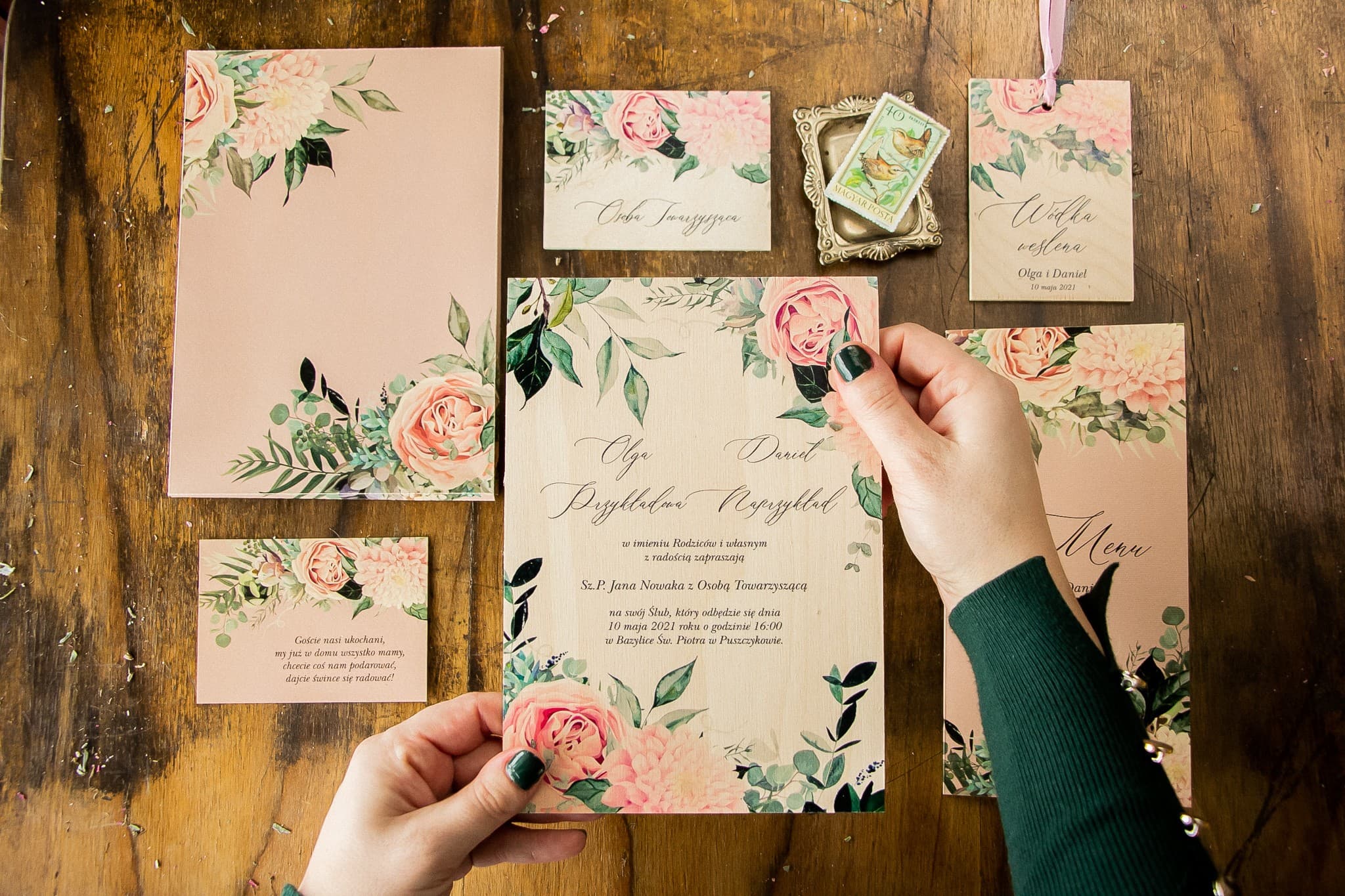 Topaz No. 4 Rustic Wooden Wedding Invitation with Peony Motif - 2