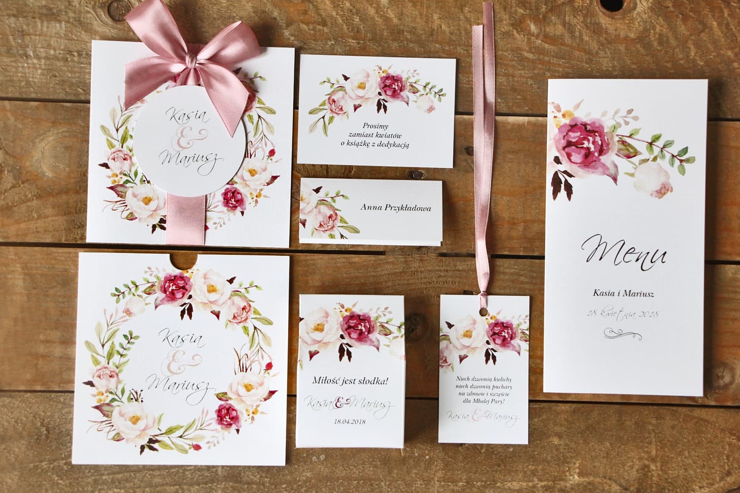 Zestaw papeterii ślubnej Malowane Kwiaty nr 28 z piwoniami i różową wstążką Amelia Wedding