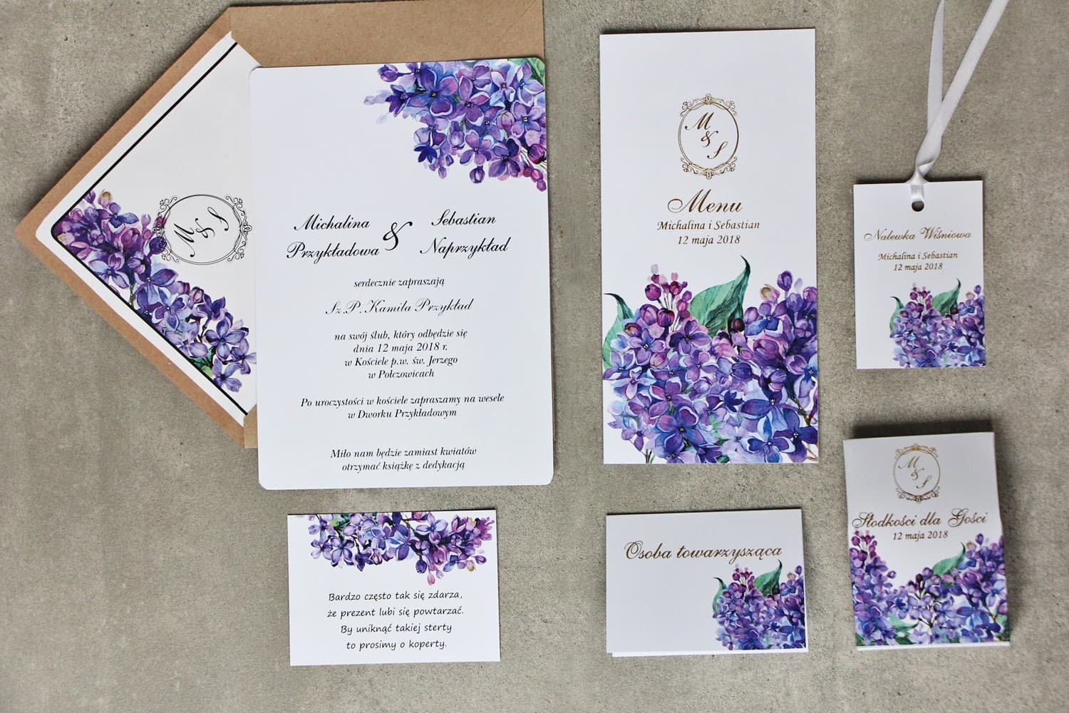 Zestaw papeterii ślubnej z fioletowym bzem i złoceniem Sorento nr 11 Amelia Wedding