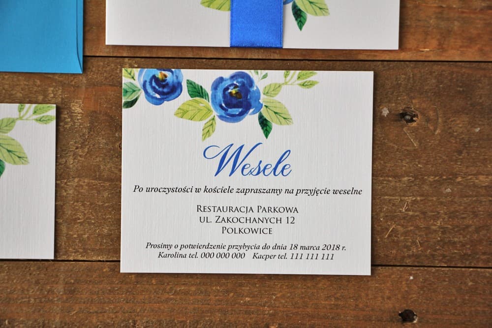 Zusatzkarte für Hochzeitseinladungen mit blauen Rosen | Einlegekarte RSVP, Geschenkreime | Akwarele Nr. 10
