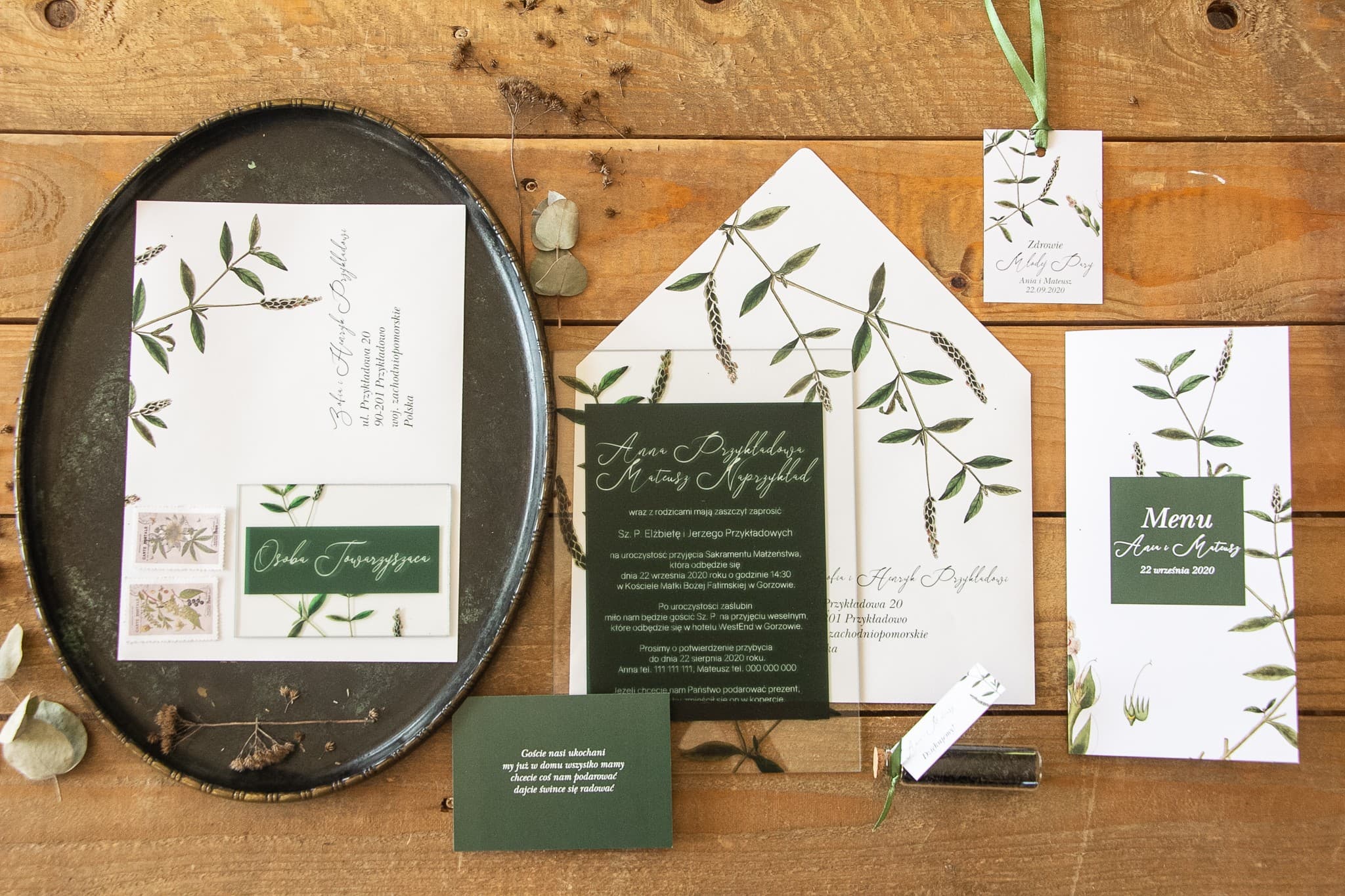 Gläserne Hochzeitseinladungen Korani Nr. 9 – Botanisch & Flaschengrün - 2