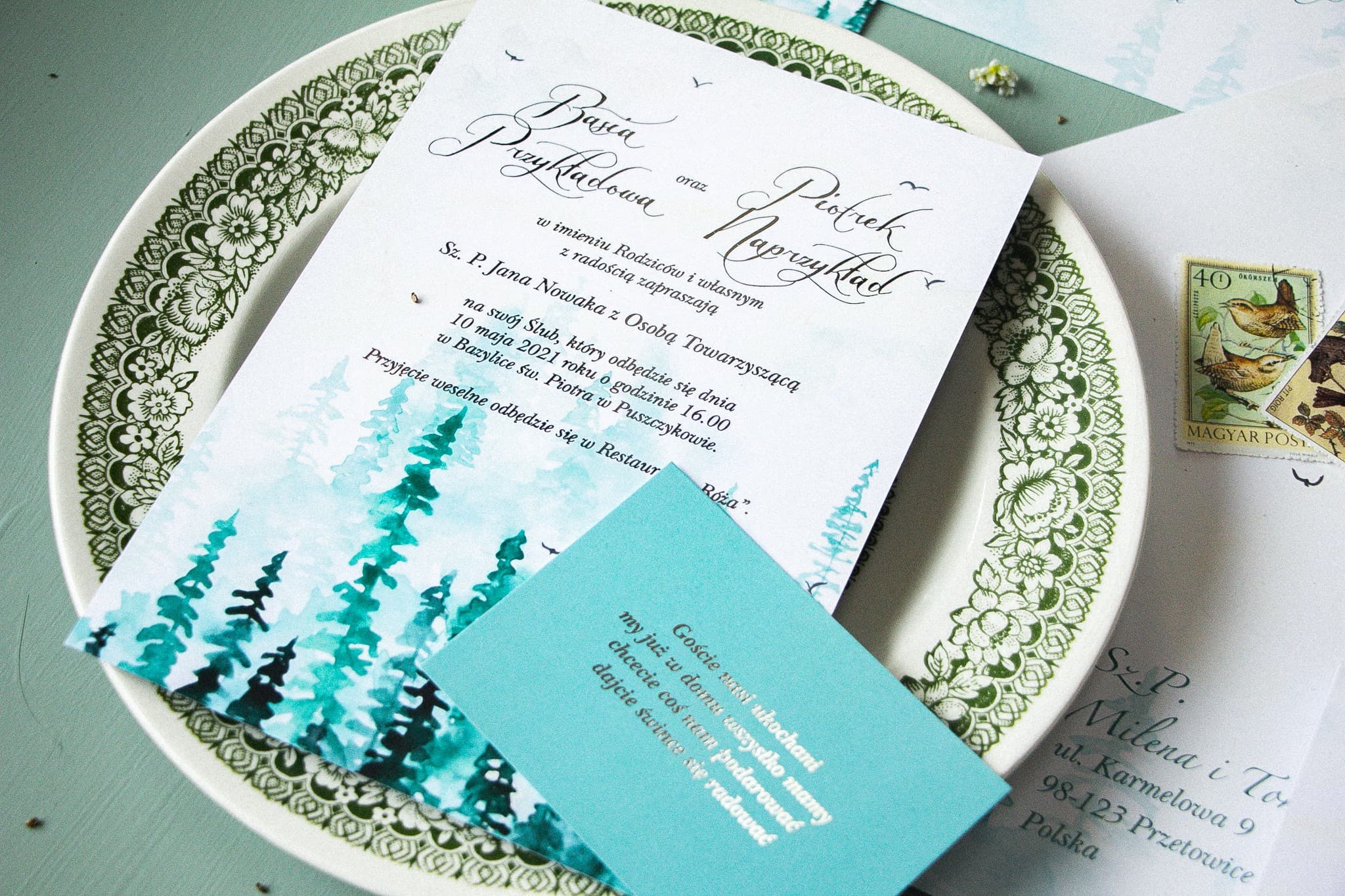 Pastellfarbene Hochzeitseinladungen Nr. 7 – Wald-Aquarell und Silber - 2