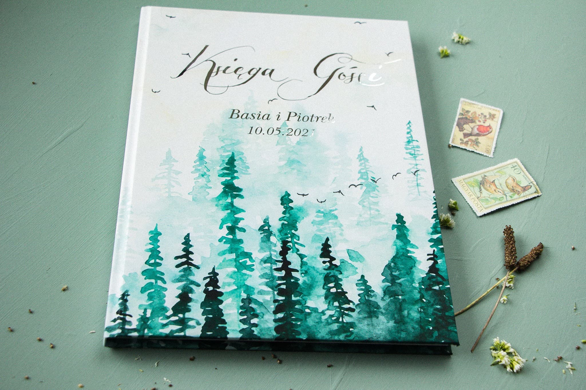 Księga Gości Weselnych Leśny Pejzaż Akwarela Srebrzona | Personalizowana Pamiątka Ślubna | Pastelowe Nr 7 - 2