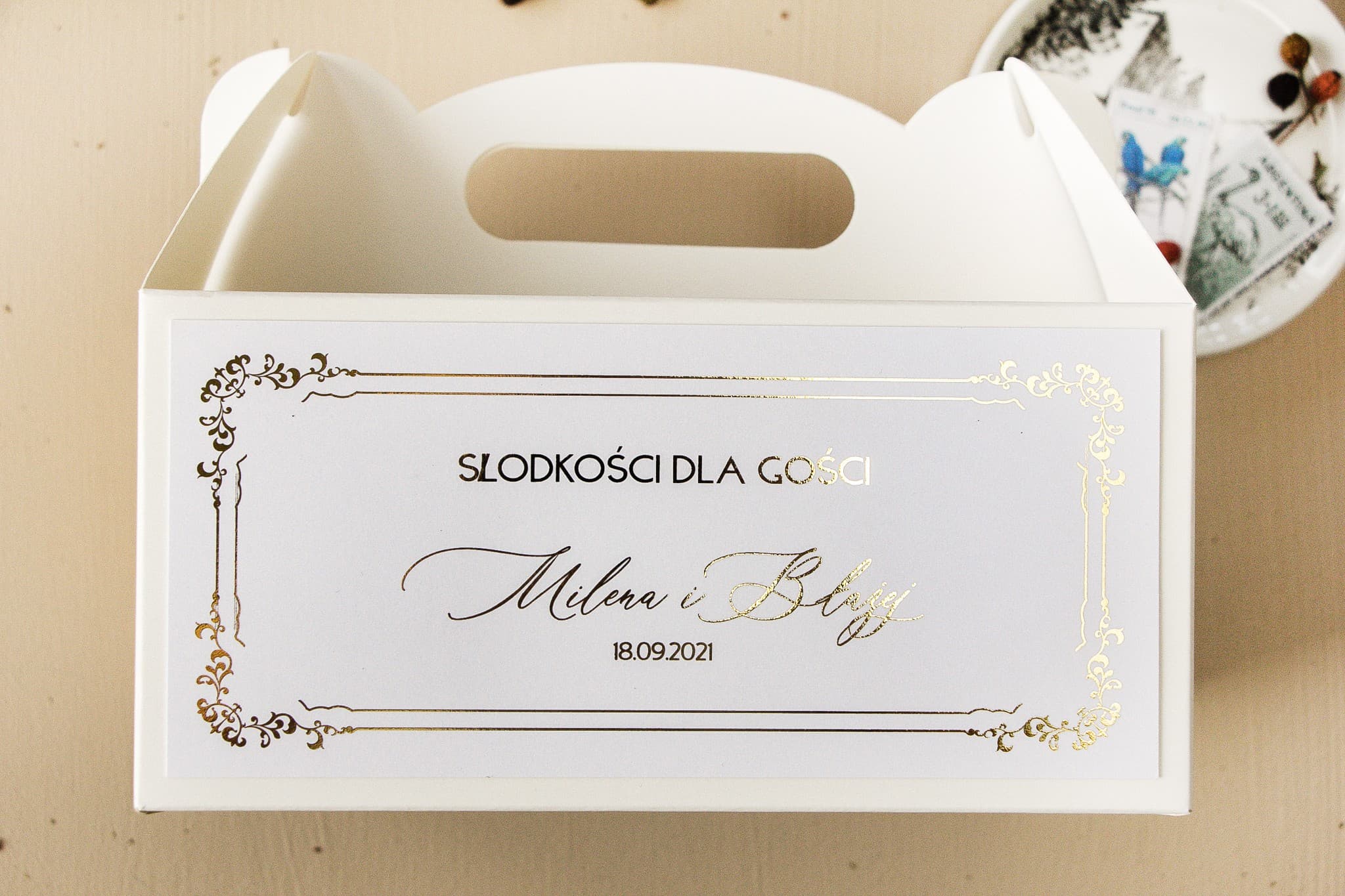 Eleganckie Pudełko na Ciasto Weselne Białe Złocone | Podziękowania dla Gości | Sand nr 4
