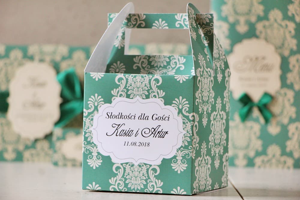 Eleganckie pudełko na ciasto z rączką, szmaragdowy wzór | Personalizowane pudełka na ciasto weselne | Ornament nr 9
