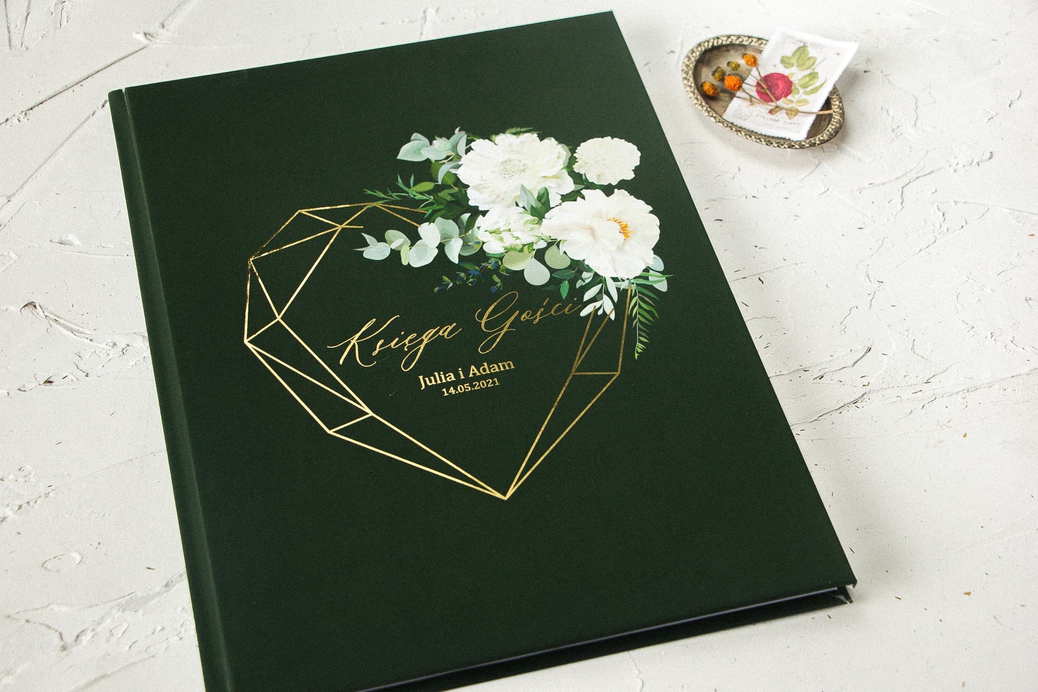 Vergoldetes Gästebuch Flaschengrün mit Blumen | Personalisiertes A4 Album | Szafirowe Nr. 6 - 2