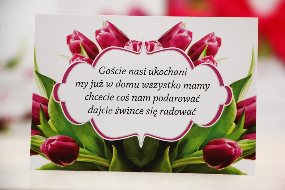 Bilecik z prośbą o pieniądze, RSVP | Wkładka do zaproszenia ślubnego z różowymi tulipanami | Felicja nr 7