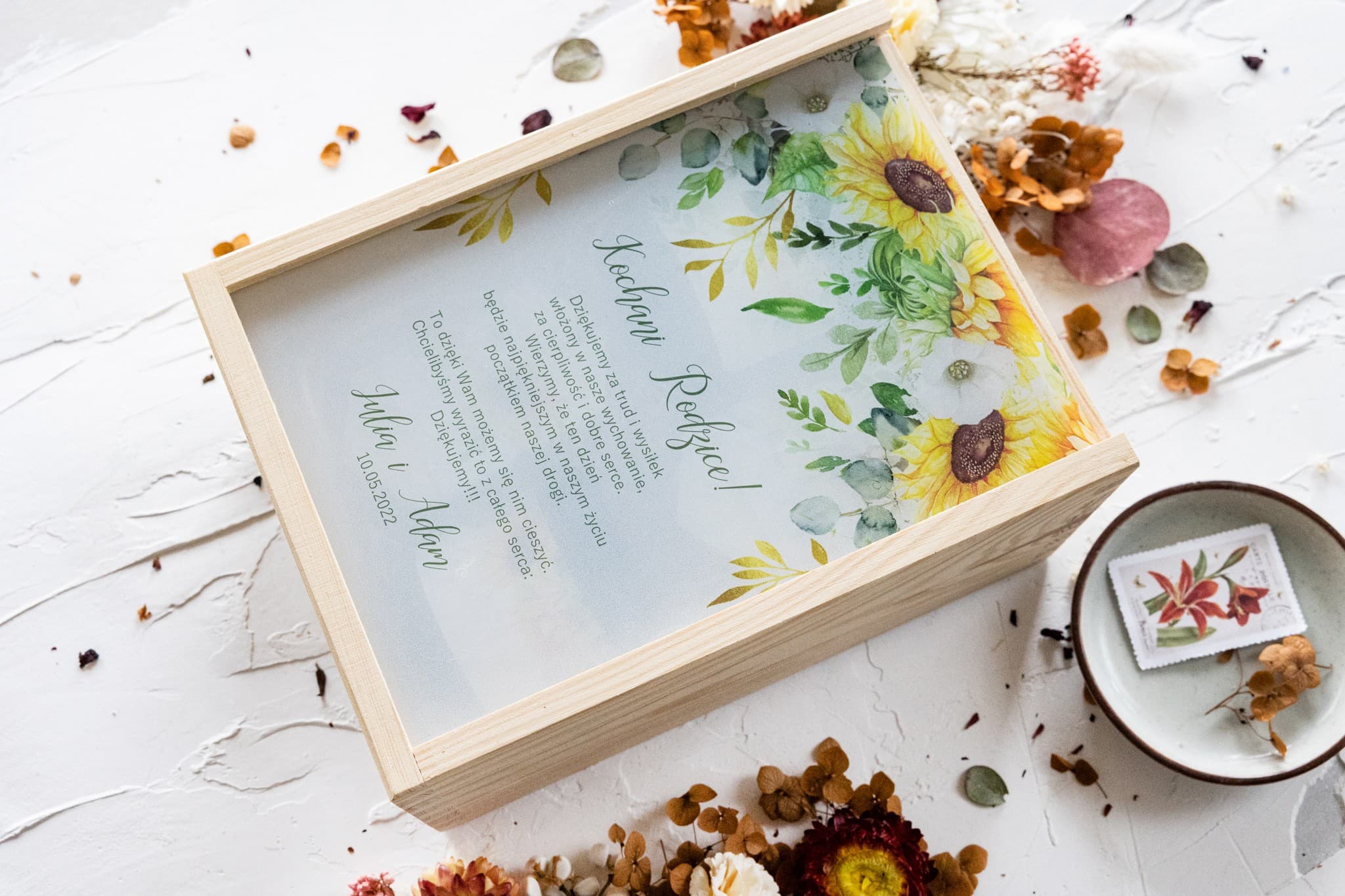 Geschenk für Eltern Holzbox Sonnenblumen | Dankeschön zur Hochzeit mit Kerzen und Goldfolierung | Rubin Nr. 7 - 2