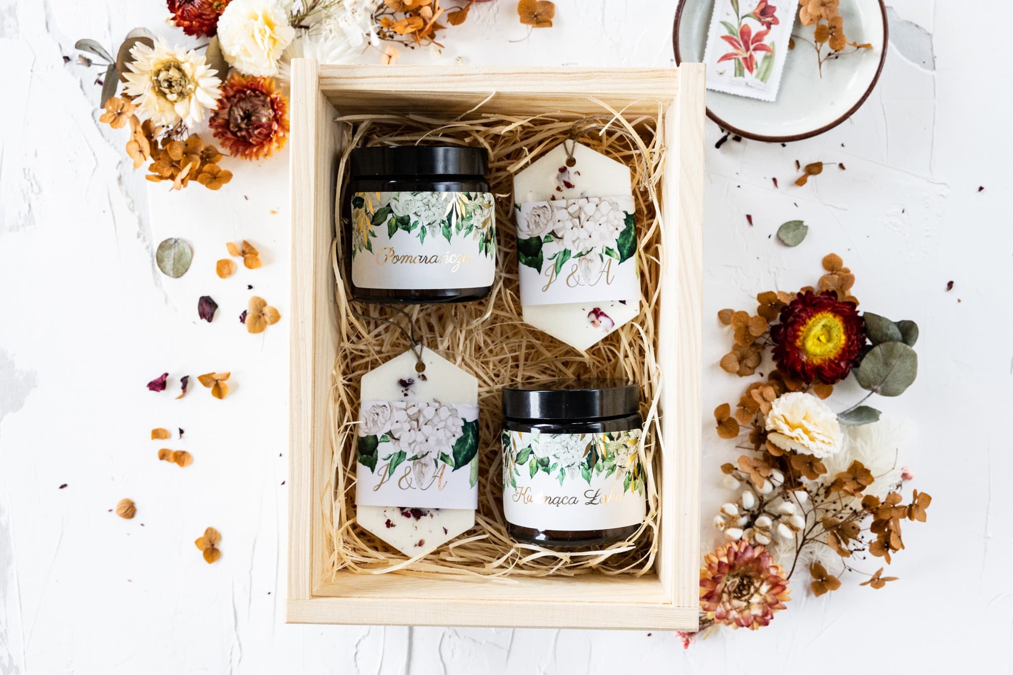 Elegante Holzbox mit Blumendruck und Kerzen | Dankeschön für Eltern zur Hochzeit | Rubin Nr. 11 - 2