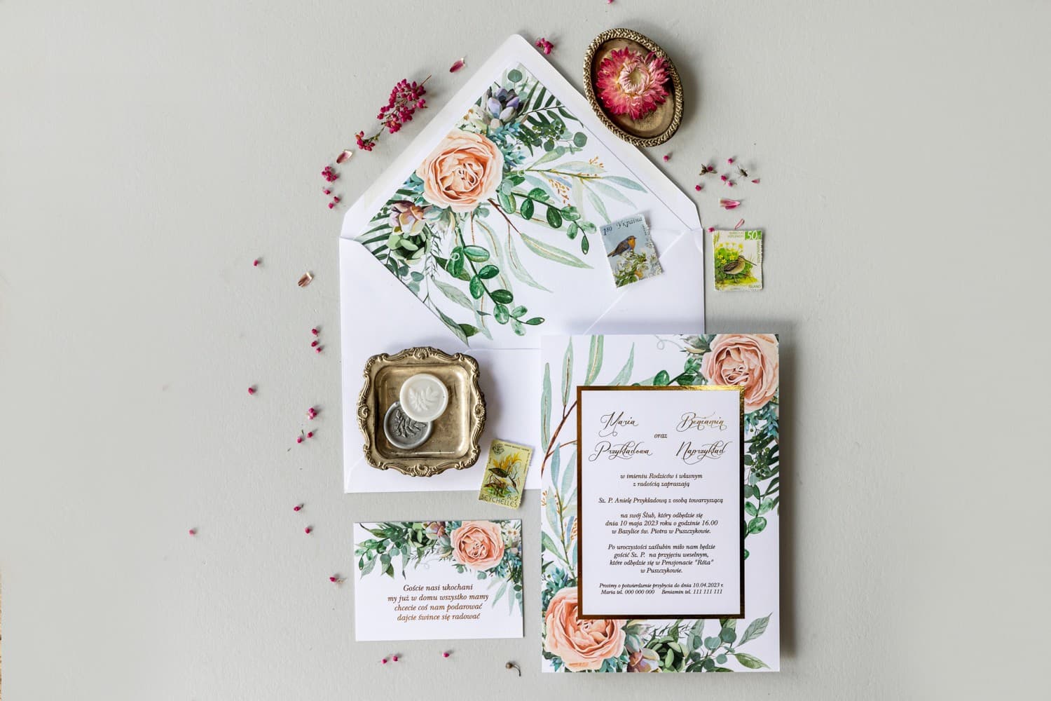 Vergoldete Hochzeitseinladungen im Glamour-Stil mit modernen Blumen Flores Nr. 4 - 2