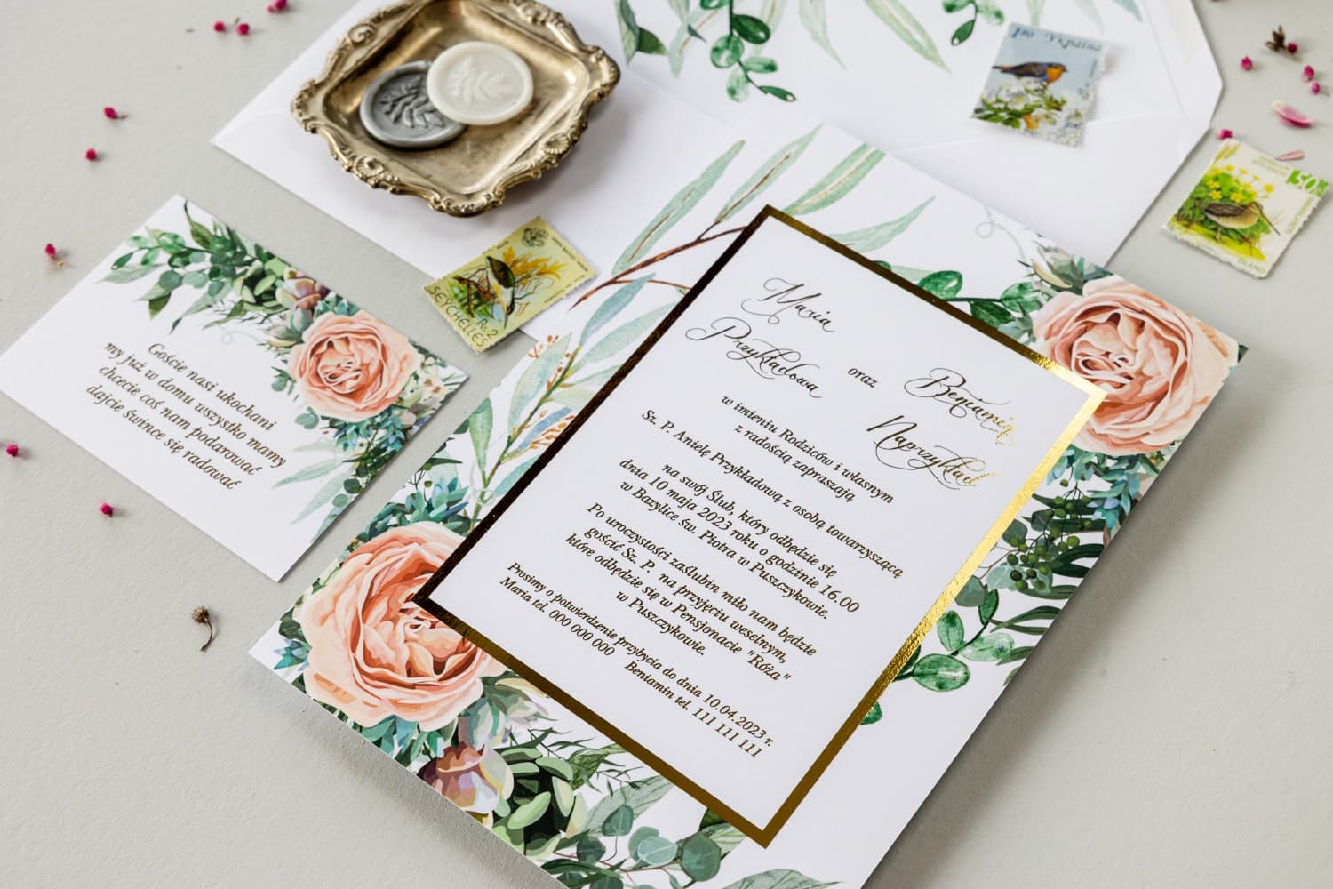 Vergoldete Hochzeitseinladungen im Glamour-Stil mit modernen Blumen Flores Nr. 4 - 3