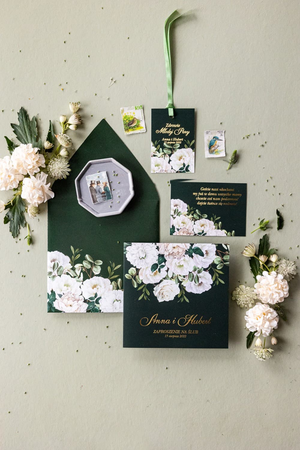 Glamour Hochzeitseinladungen – Goldene Pfingstrosen Saphir Nr. 3 - 3