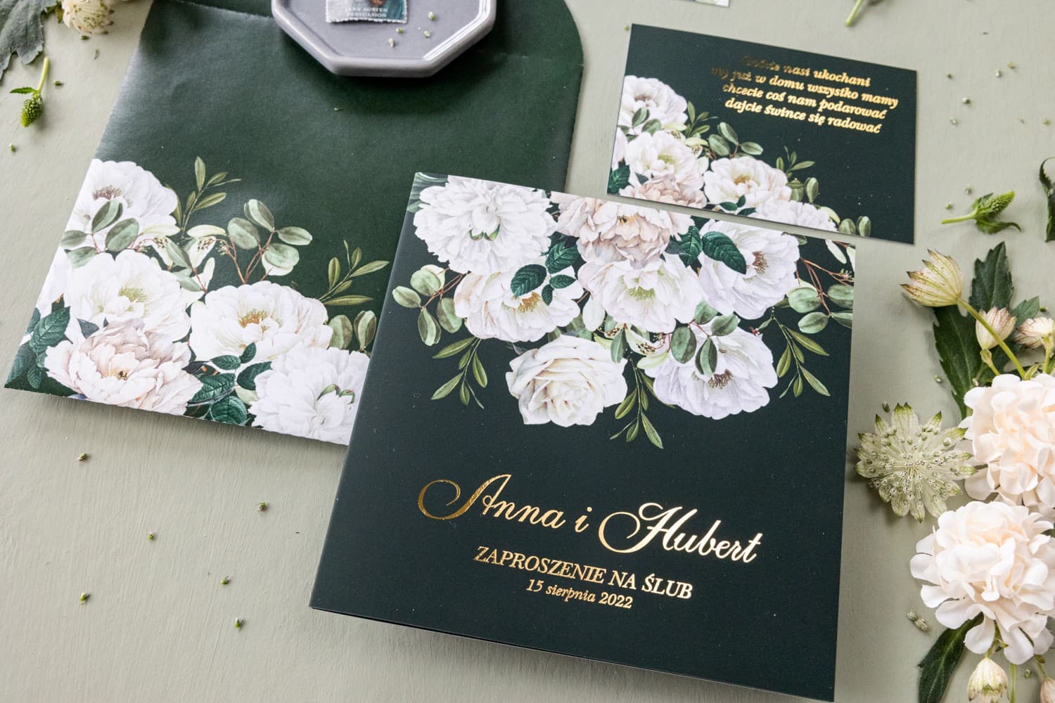 Glamour Hochzeitseinladungen – Goldene Pfingstrosen Saphir Nr. 3 - 4