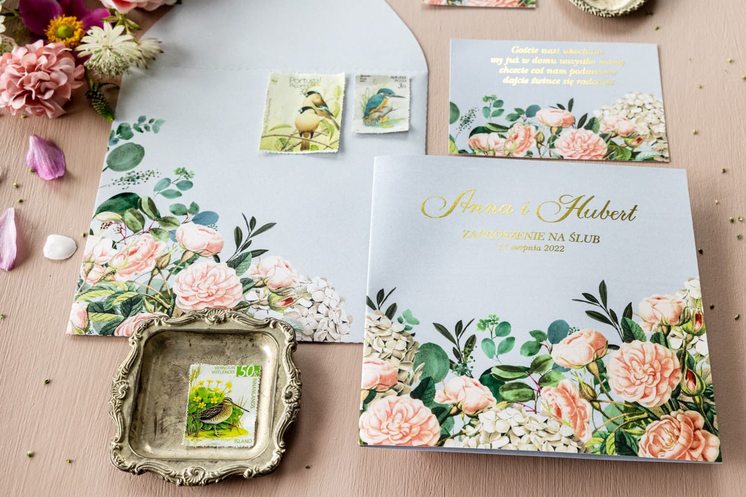 Hochzeitseinladungen Szafirowe Nr. 2 – Rosen und Hortensien