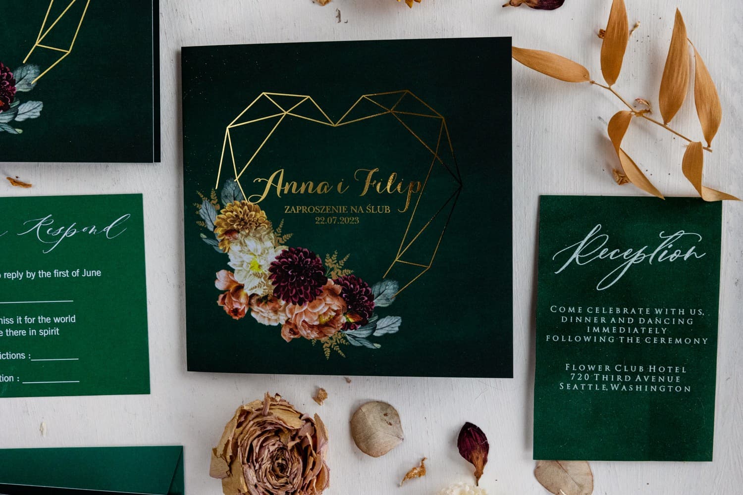 Hochzeitseinladung Kollektion Amelia nr 12 – Dunkelgrün und Gold - 2