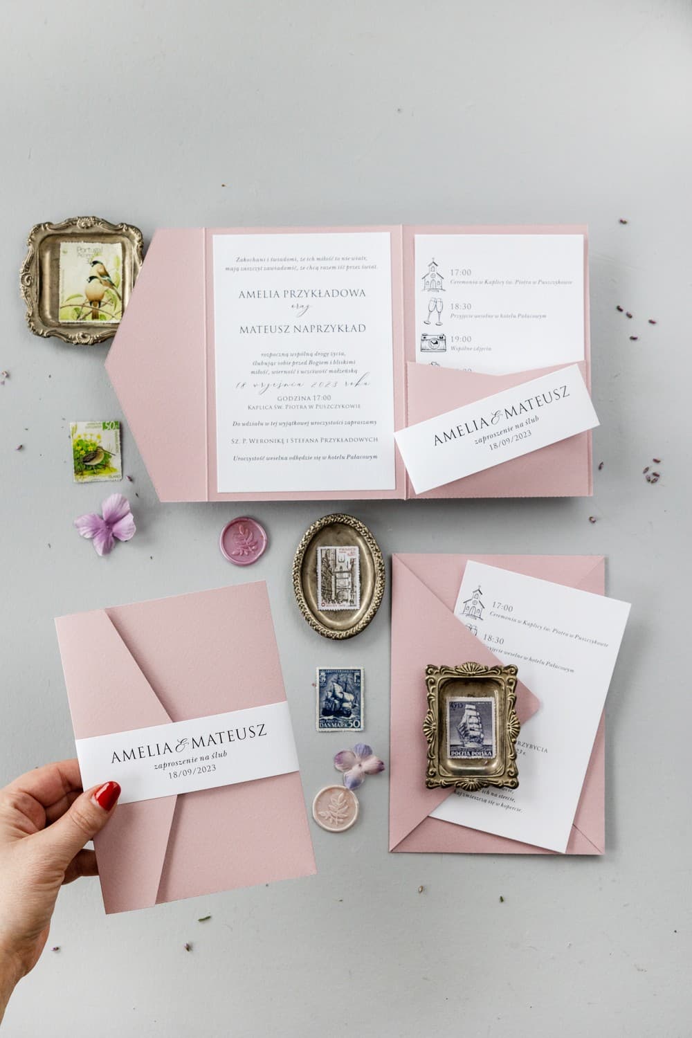 Hochzeitseinladungen Kraft Nr. 9 – Rosa mit Leinenbanderole - 3