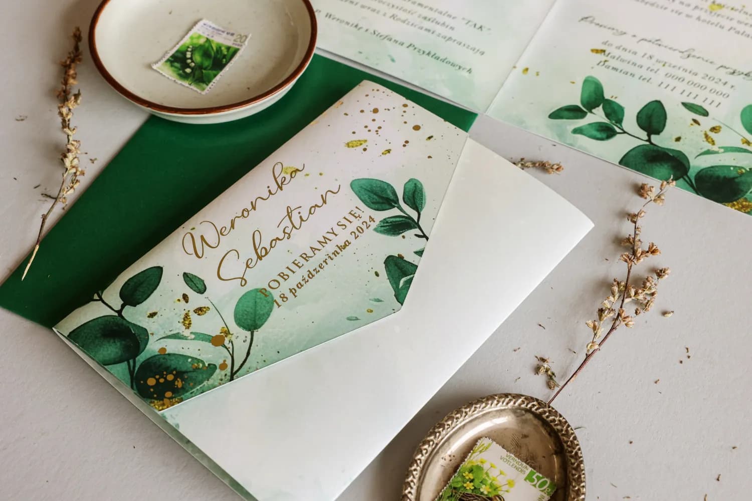 Greenery Hochzeitseinladungen mit Eukalyptus und Gold – Jadeit Nr. 1 - 3