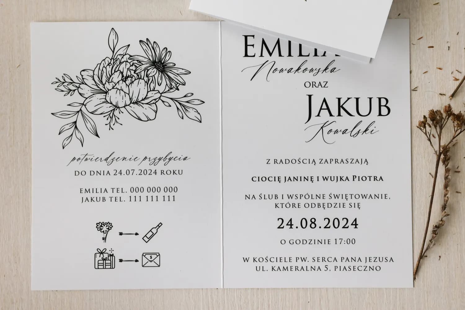 Minimalistische Hochzeitseinladungen mit künstlerischer Blatt-Vergoldung Ruskus Nr. 2 - 2