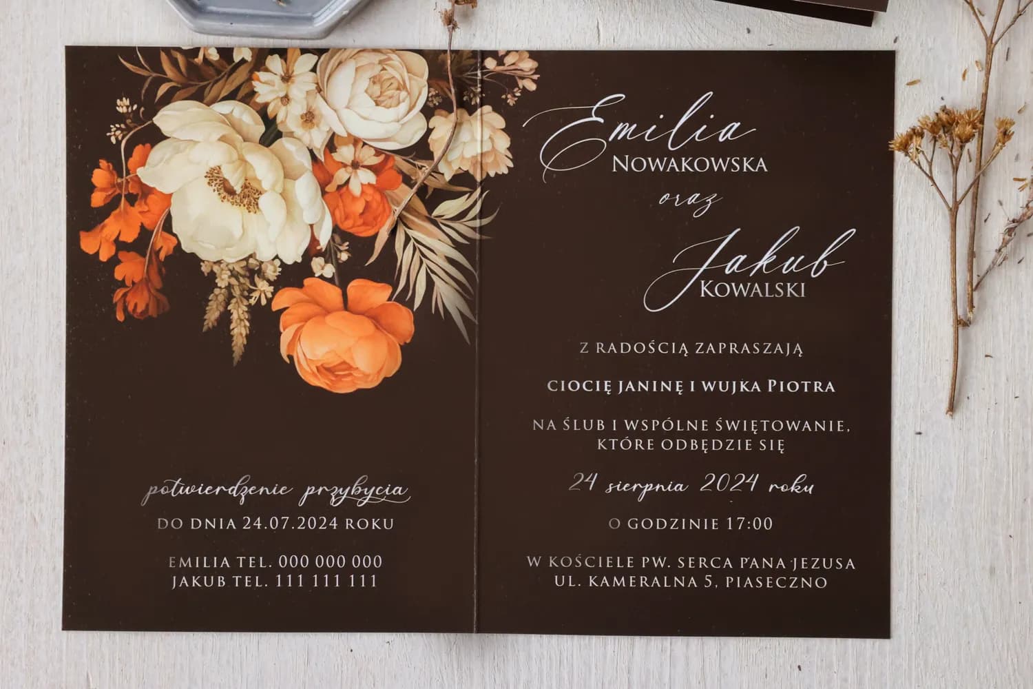 Hochzeitseinladungen Braun mit Gold und warmen Blumen – Ruskus Nr. 4 - 2