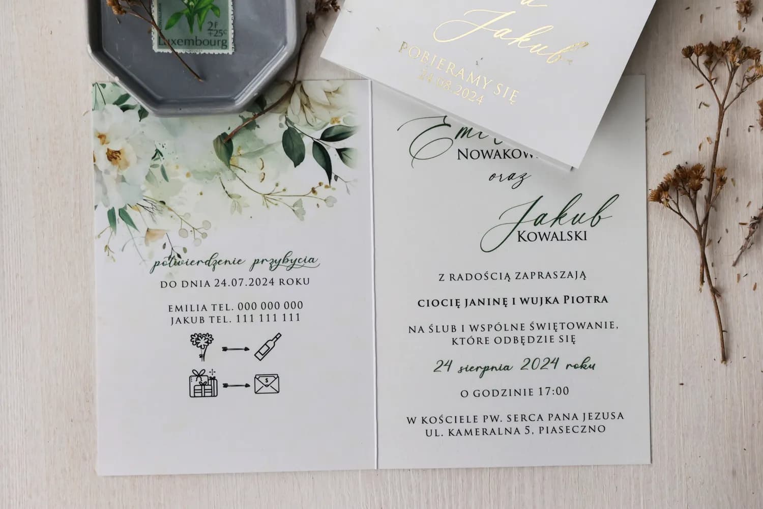 Botanische Hochzeitseinladungen mit Aquarell-Ruskus und Goldprägung – Ruskus Nr. 6 - 2