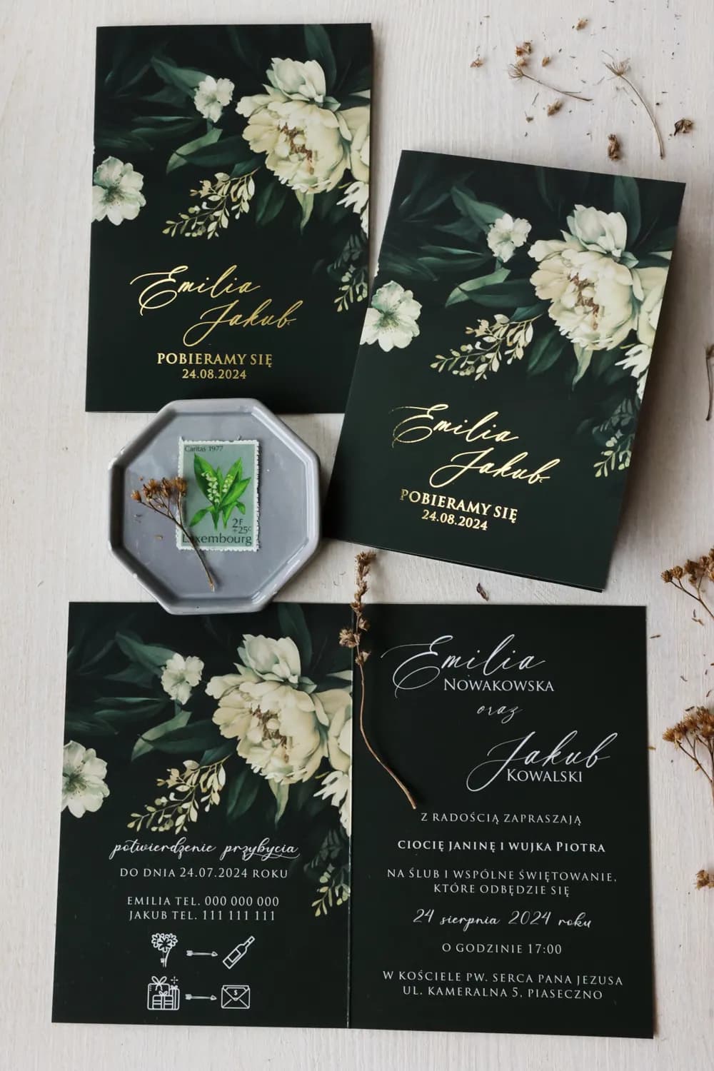 Zaproszenia ślubne botaniczne butelkowa zieleń z eleganckim złoceniem Ruskus nr 9