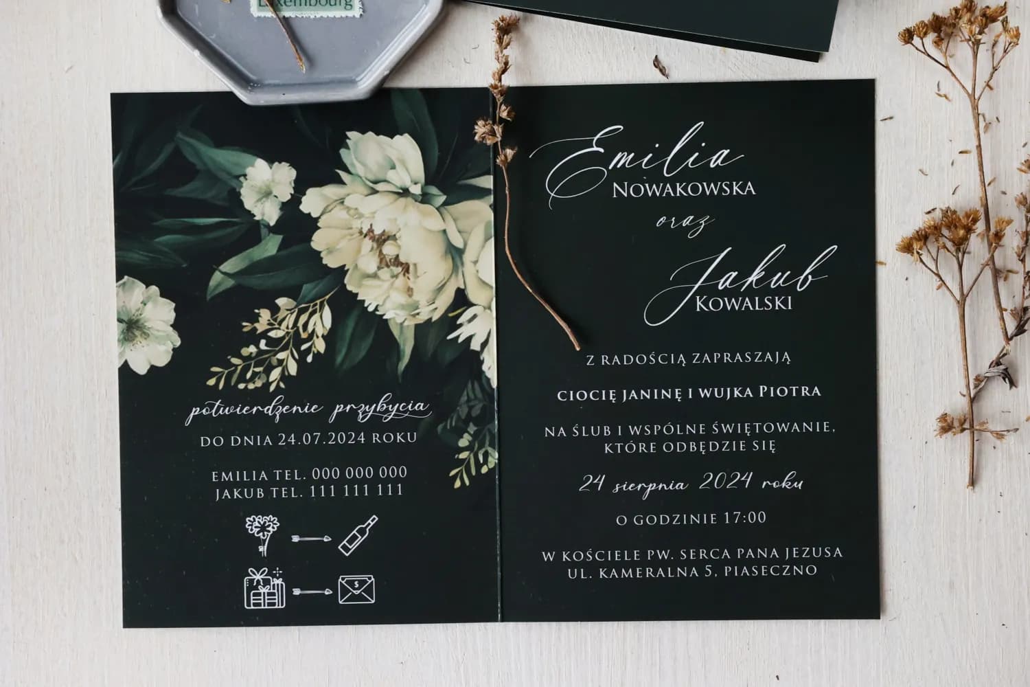 Botanische Hochzeitseinladungen in Flaschengrün mit Goldveredelung Ruskus Nr. 9 - 3