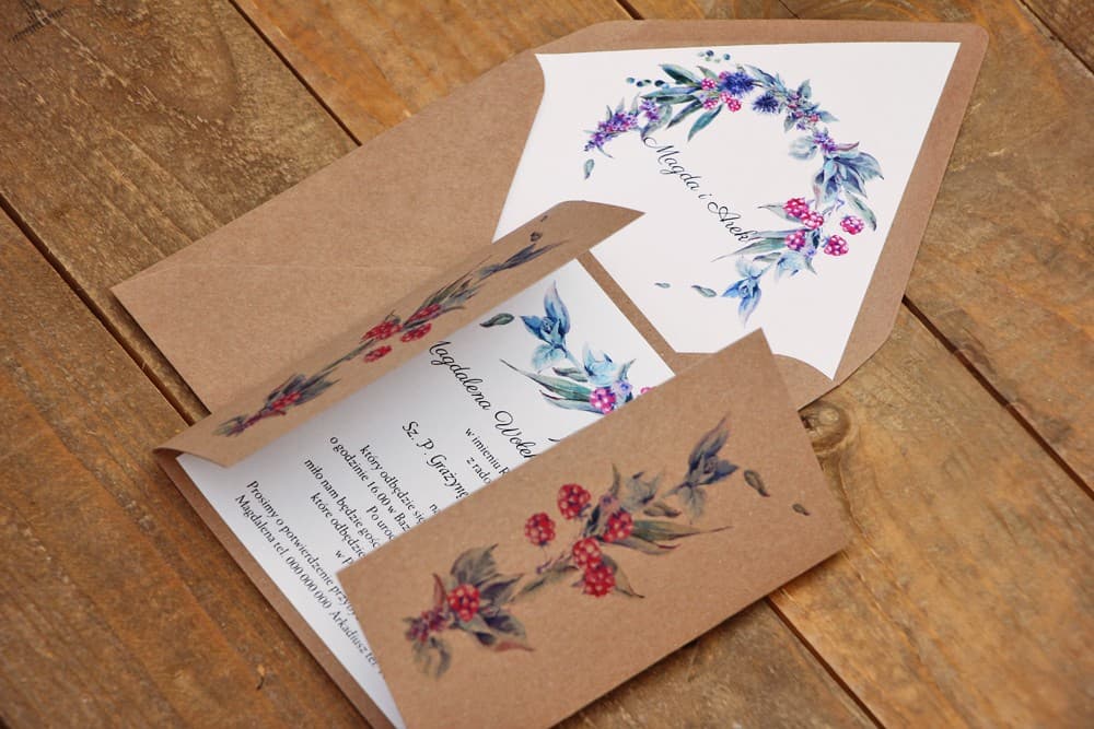Öko-Hochzeitseinladungen im rustikalen Stil mit Brombeermotiv – Owoce Leśne Nr. 1 - 3