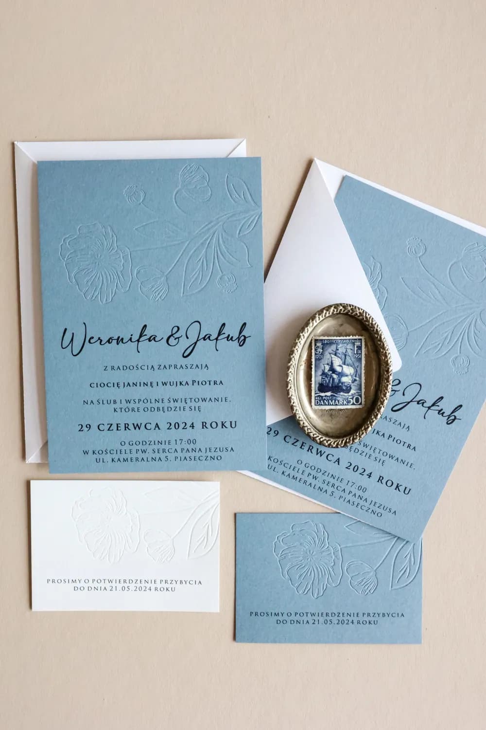 Hochzeitseinladung Letterpress Karmen Nr. 3 – Blaue Blumen - 5