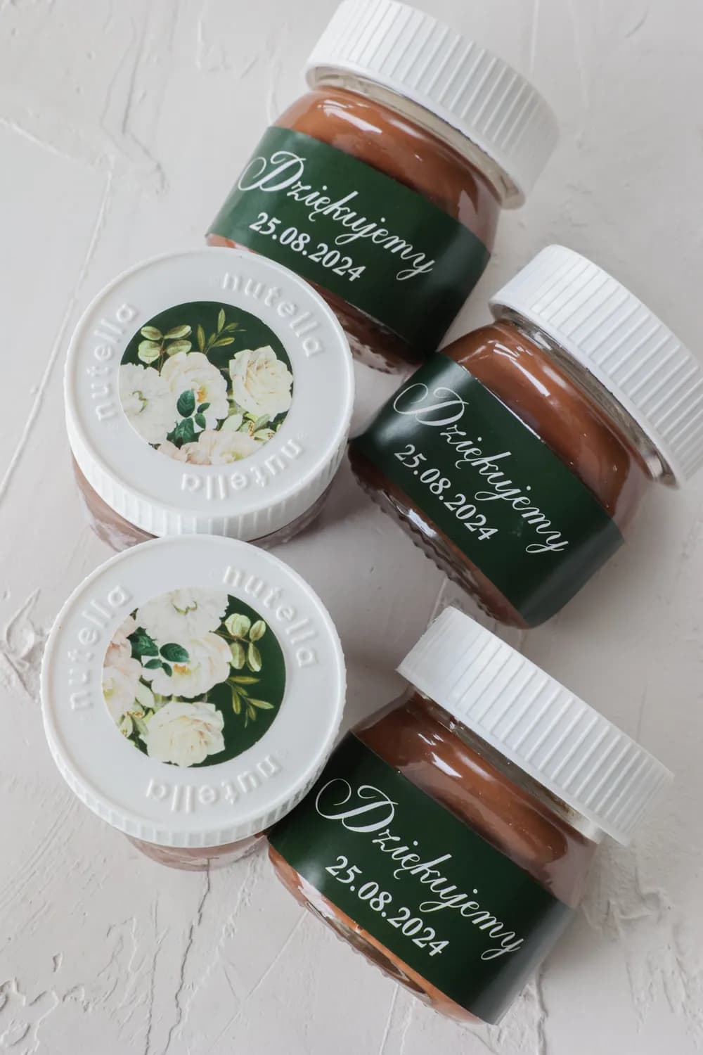 Słodkie Podziękowania dla Gości Słoiczki Nutella | Etykieta Zielone Liście Róże | Szafirowe nr 3