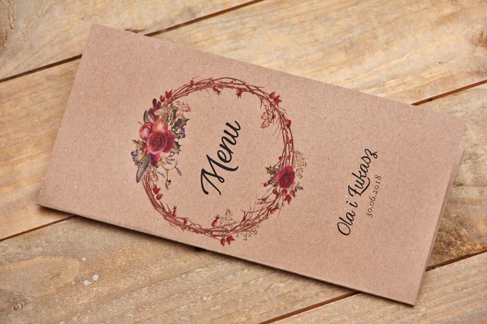 Menu Weselne Stojące Zimowe z Dziką Różą, Papier Eko | Personalizowane Karty Menu na Stół Weselny | Owoce Leśne nr 7