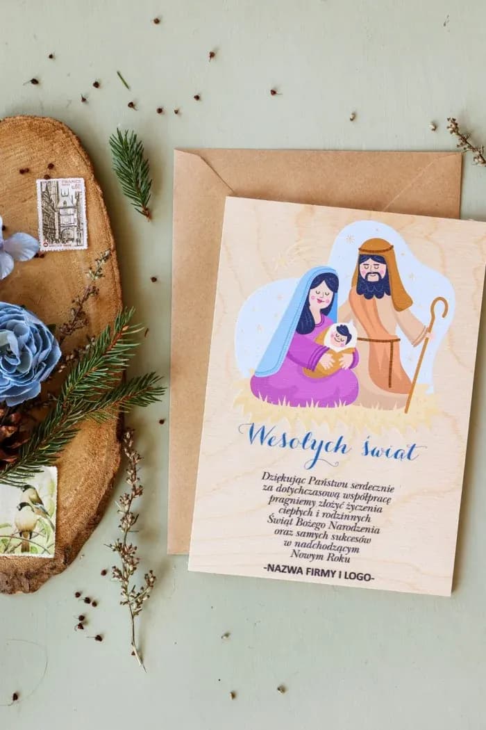 Weihnachtskarten aus Holz mit Firmenlogo, Religiös mit Heiliger Familie | Business-Weihnachtskarten | DR21