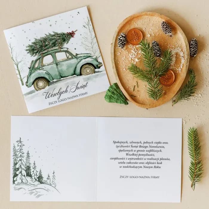 Weihnachtskarten mit Retro-Auto und Tannenbaum, Aquarell | Firmen-Weihnachtskarten mit Logo | KZ4