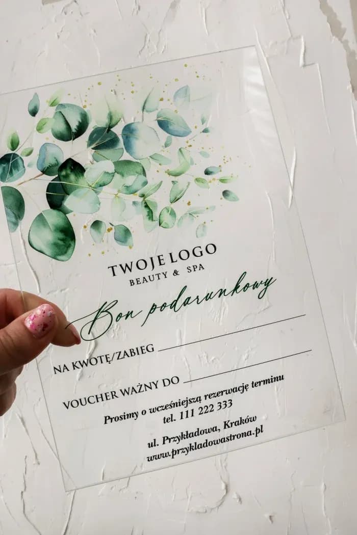 Glas-Gutschein mit Eukalyptus für Spa, Beauty | Personalisierte Geschenkbonds aus Glas | Eukalyptus VS5