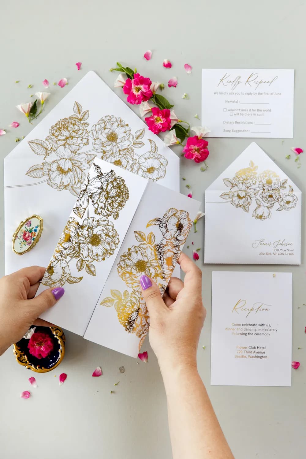Zaproszenia na Wesele PR14 – Styl Glamour ze Złoconymi Kwiatami - 3