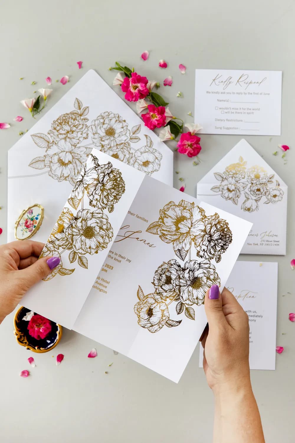 Zaproszenia na Wesele PR14 – Styl Glamour ze Złoconymi Kwiatami - 4