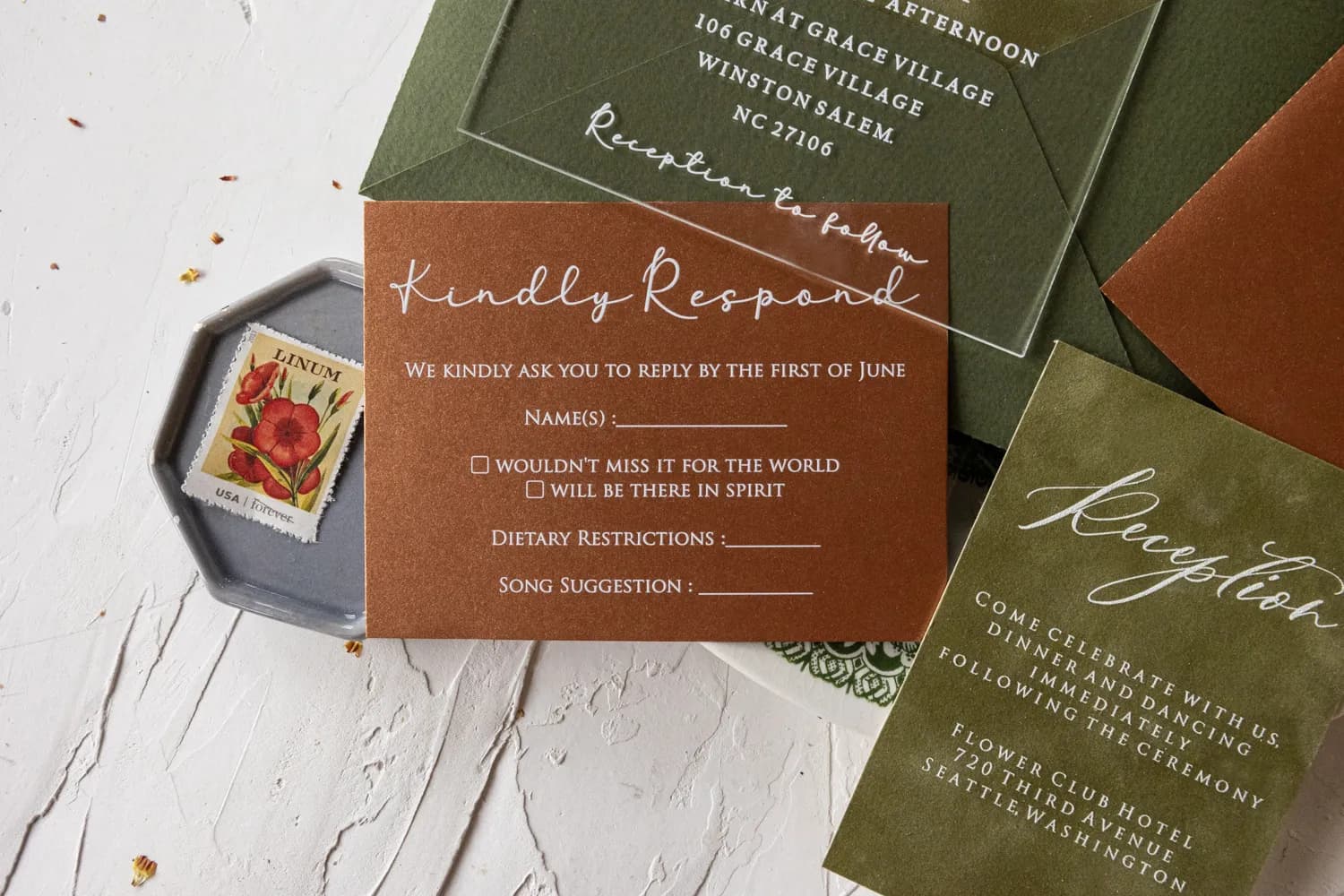 Zaproszenie na Wesele Model PR22 – Złocony Łuk na Pleksi z Zielonym Welurem - 3