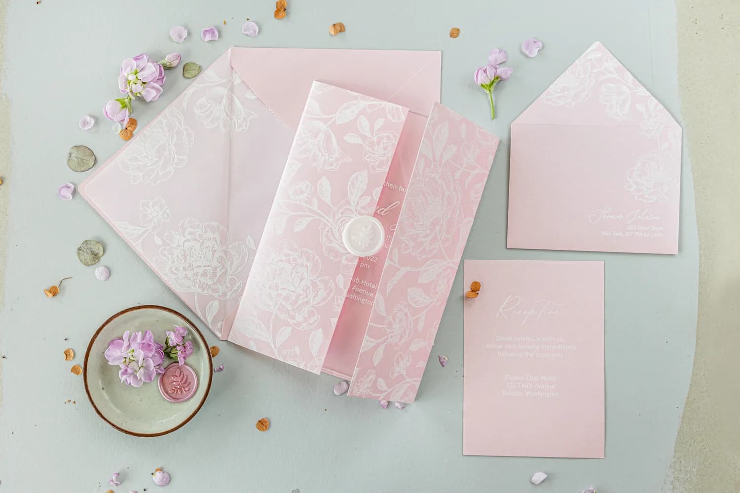 Zaproszenia na Wesele Kwiaty na Szkle PR28 – Akrylowe Karty z Różową Owijką - 2