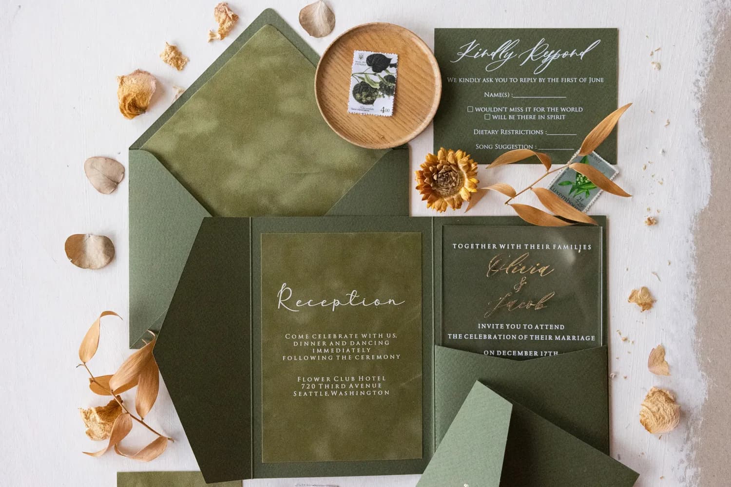 Zaproszenia na Wesele PR32 – Złocona Pleksi z Welurem w Butelkowej Zieleni - 5