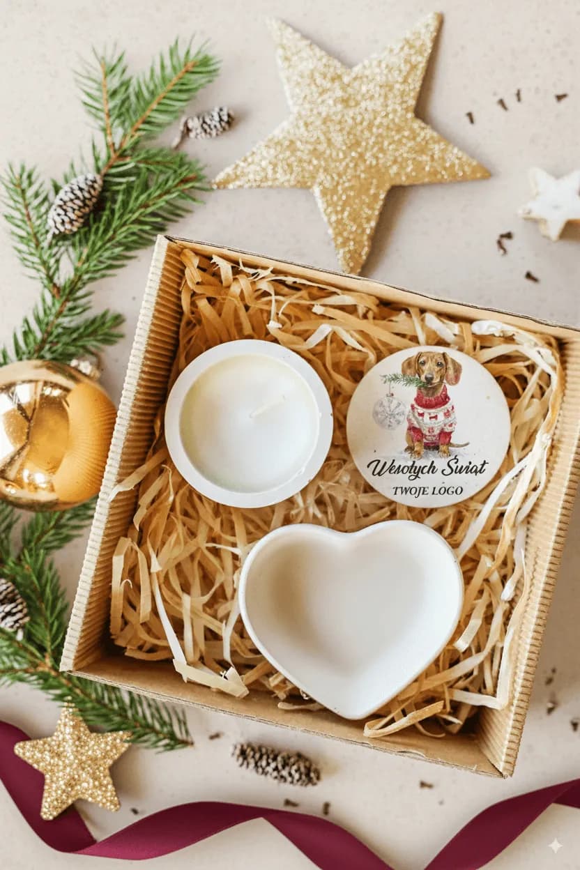 Świąteczny Box Prezentowy z logo: Ręcznie robiona świeca sojowa i podstawka serce | Biznesowe upominki dla firm | Box nr 32